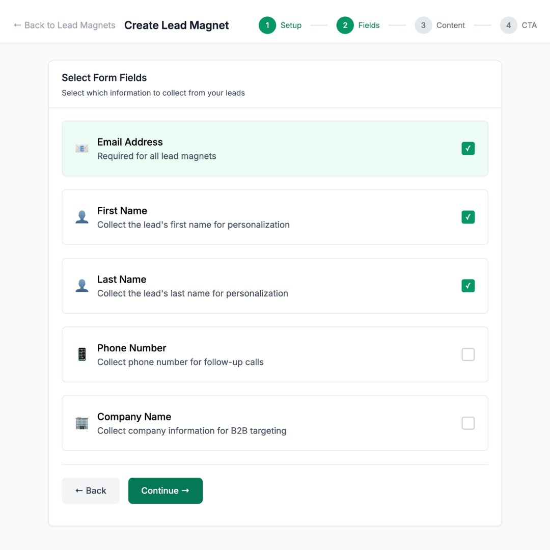 Lead magnet creation workflow showing step-by-step process with form field selection